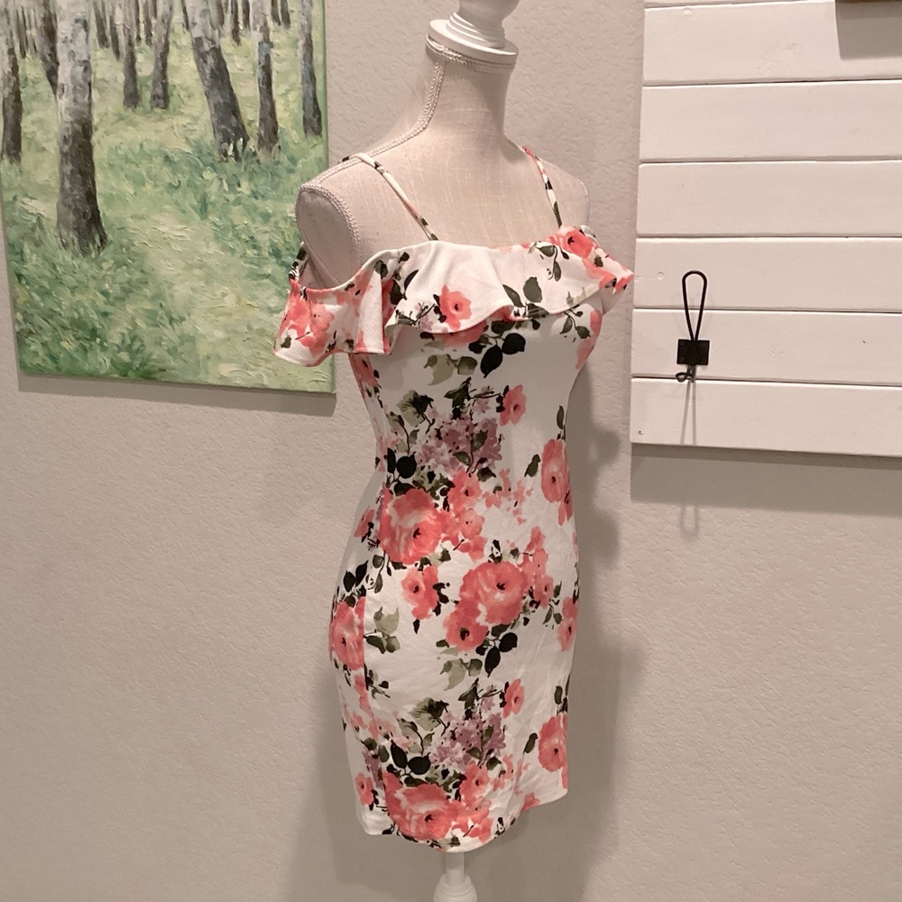 Brandy Blu white pink floral off the shoulder dress